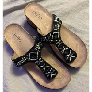 Rialto Black & White Beaded Leather Thong Wedge Heel Sandals, Size 6